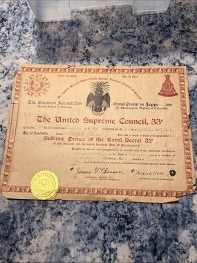 Vintage 1945‎ Scottish Rite Freemasonry Certificate Masonic Memorabilia